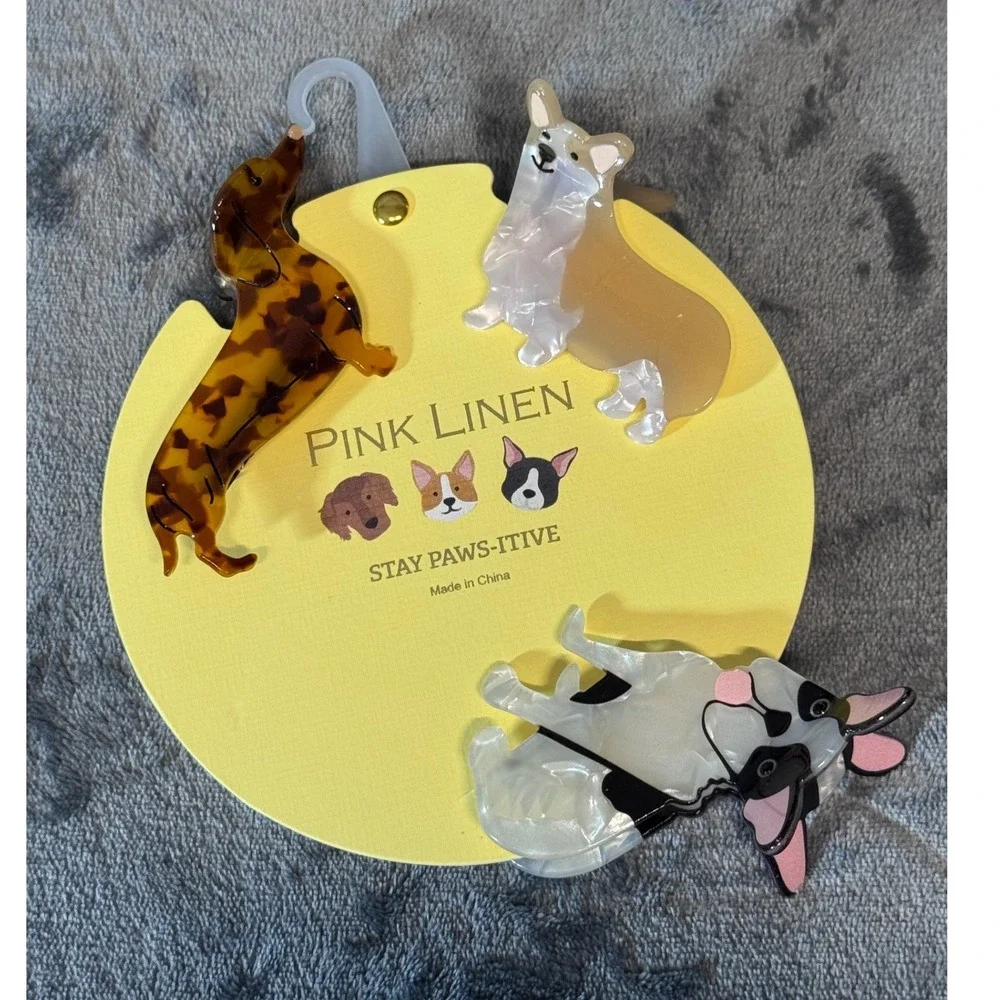 Pink Linen Stay Paws-itive Dog Hair Clip Set Corgi Frenchie Dachshund 3pc NEW